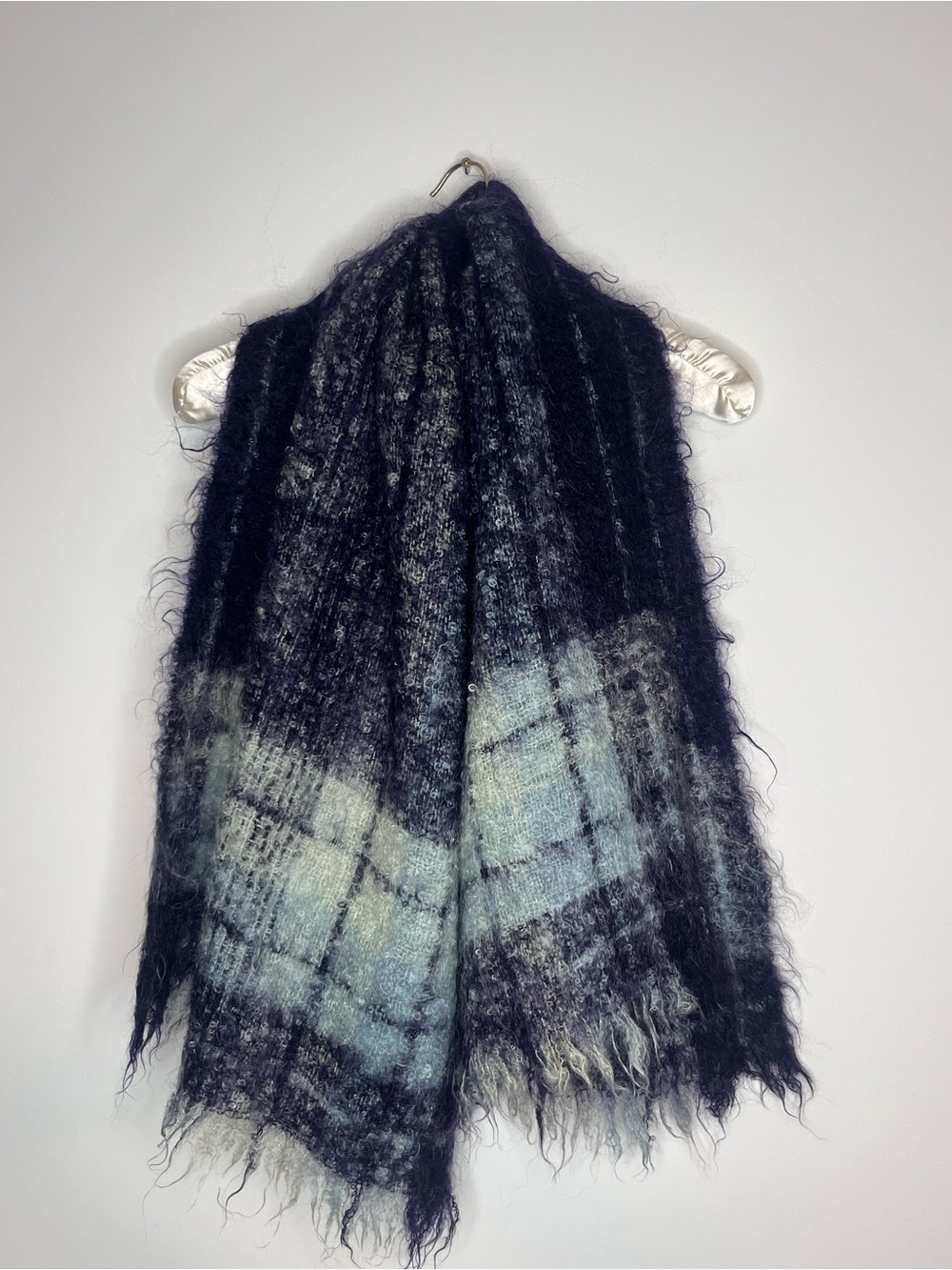 Vtg All Mohair Pile 70% Mohair 30% Wool Made in Scotland 59’x24’ Blue White